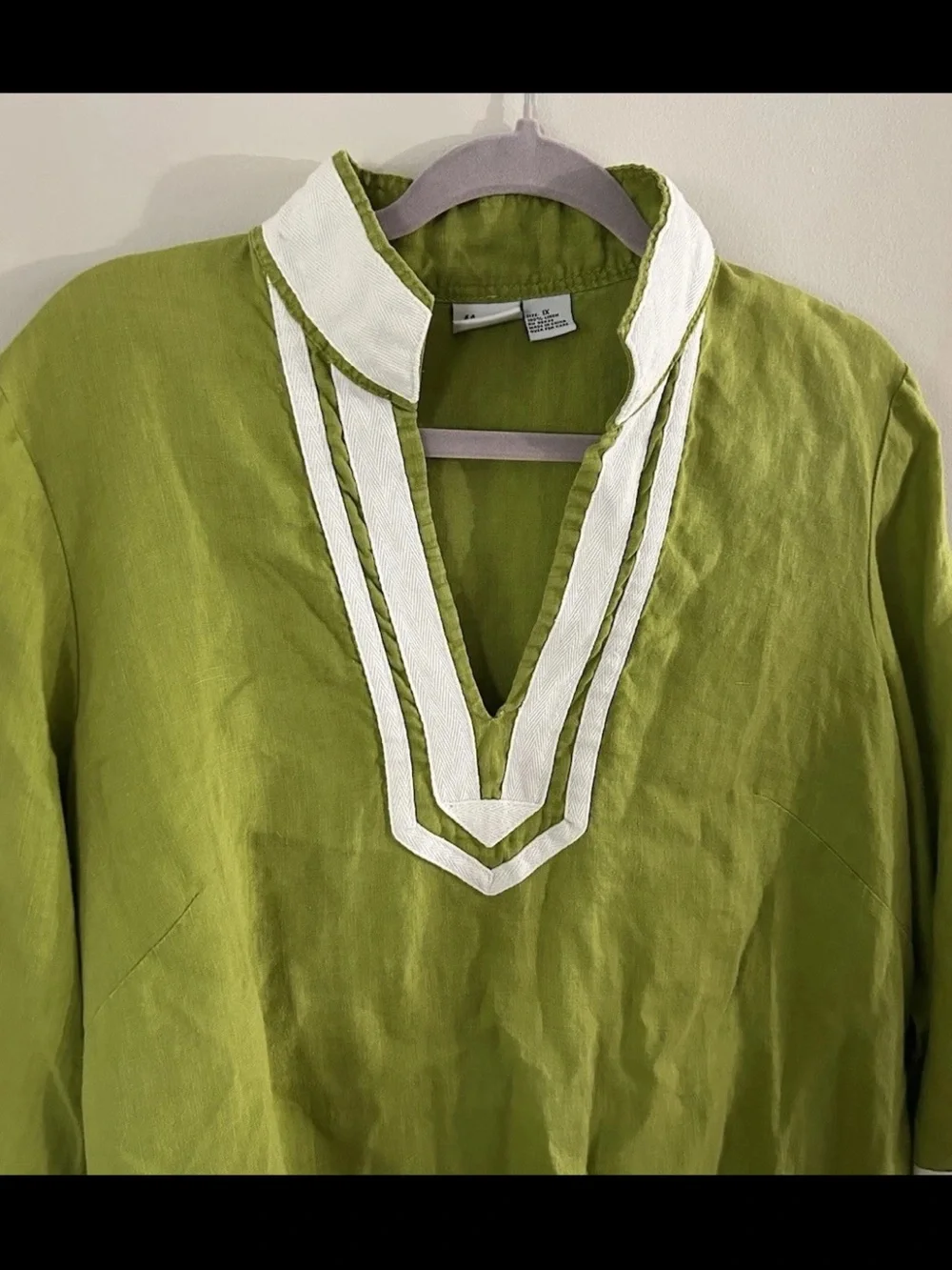 Alexandra Bartlett Top Tunic Blouse Popover 1X Green 100% Linen 3/4 Sleeve Split - Picture 5 of 8